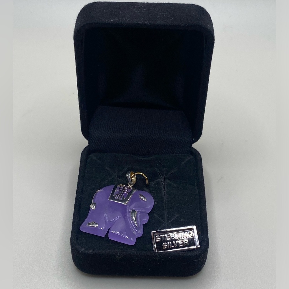Chinese Lavender Jade Elephant Pendant with sterling silver accents hand carved